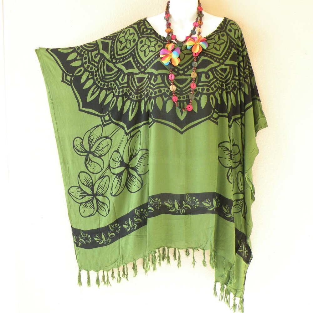 KB418 Green Batik Fringes Kaftan Sleeve Plus Tunic Women Blouse Top - S to 5X